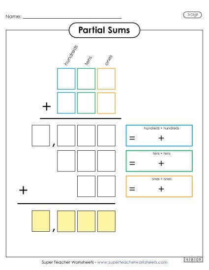 Partial Sums - Partial Sums Outline (3-Digit) (Printable PDF Worksheet)