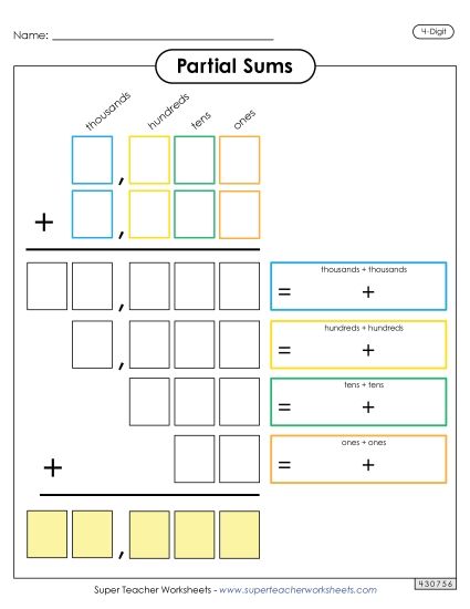 Partial Sums - Partial Sums Outline (4-Digit) (Printable PDF Worksheet)