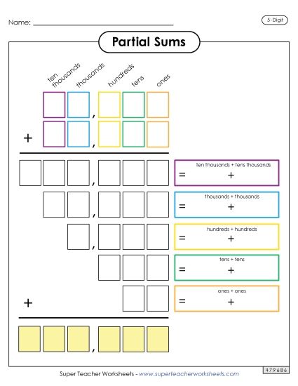 Partial Sums - Partial Sums Outline (5-Digit) (Printable PDF Worksheet)
