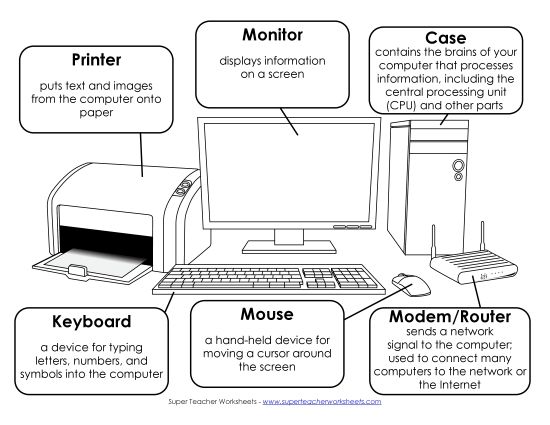 Parts of a Computer - Picture & Labels (B&W) (Printable PDF Worksheet)