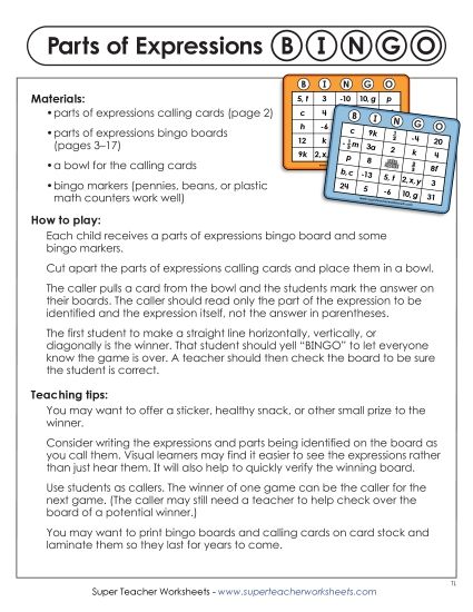 Key Terms - Parts of Expressions Bingo (Printable PDF Worksheet)