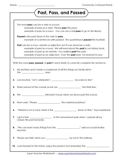 Pass, Passed, and Past (Printable PDF Worksheet)