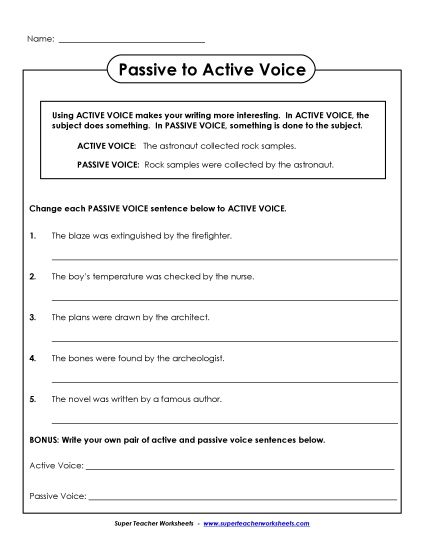 Rewrite Passive Voice as Active Voice - Passive to Active Voice (Printable PDF Worksheet)