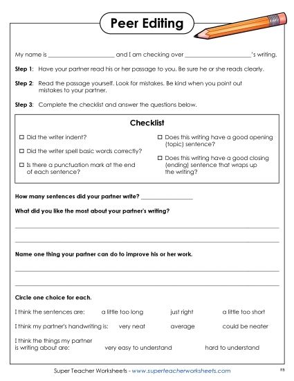 Editing Checklists - Peer Editing Form (Printable PDF Worksheet)