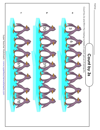 Skip Count by 3s - Penguin Counting: Count by 3s (Printable PDF Worksheet)