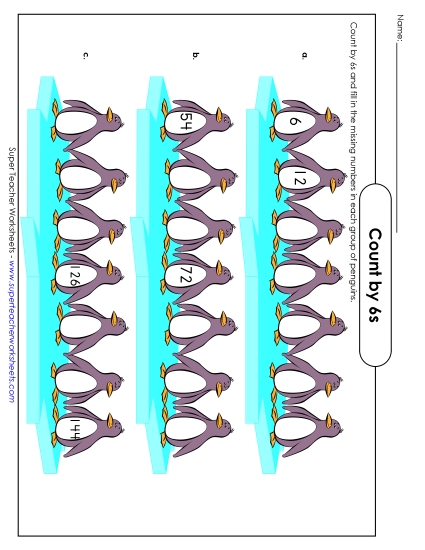 Skip Count by 6s - Penguin Counting: Count by 6s (Printable PDF Worksheet)