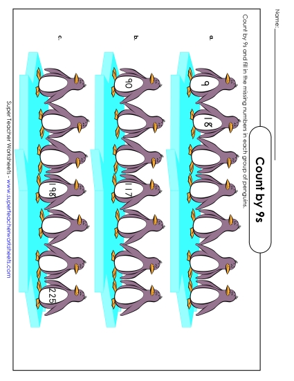 Skip Count by 9s - Penguin Counting: Count by 9s (Printable PDF Worksheet)