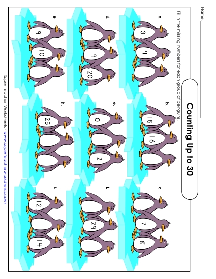 Counting Up to 30 - Penguin Counting: Numbers up to 30 (Printable PDF Worksheet)