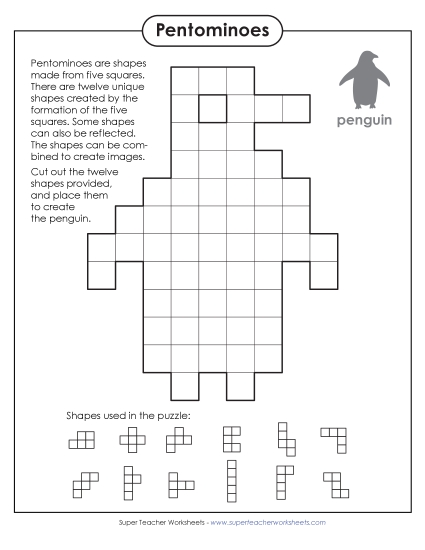 Puzzles - Penguin Pentominoes Puzzle (Printable PDF Worksheet)