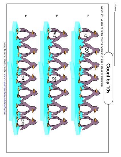 Skip Count By 10s - Penguin Skip Counting (10s) (Printable PDF Worksheet)
