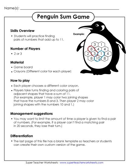 Sum Game - Penguin Sum Game (Printable PDF Worksheet)