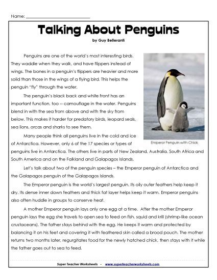 Reading Comprehension - Penguins  (Printable PDF Worksheet)