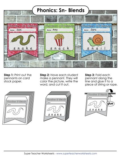 Cut and Glue Activities - Pennant (Sn- Words)  (Printable PDF Worksheet)