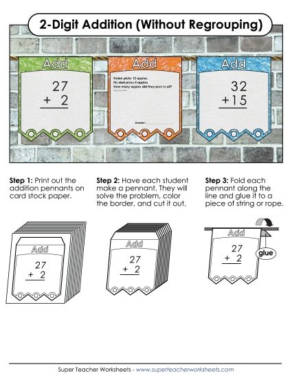 Addition (No Borrowing) - Pennants: 2-Digit Addition (Without Regrouping)  (Printable PDF Worksheet)