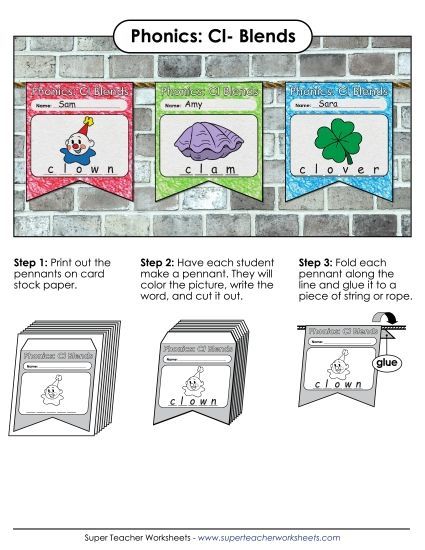 Cut and Glue Activities - Pennants (Cl- Words)  (Printable PDF Worksheet)