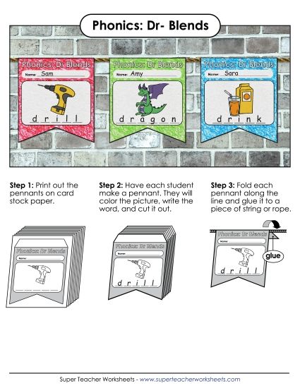 Cut and Glue Activities - Pennants (Dr- Words) (Printable PDF Worksheet)