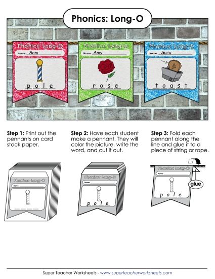 Cut and Glue Activities - Pennants (Long O Words) (Printable PDF Worksheet)