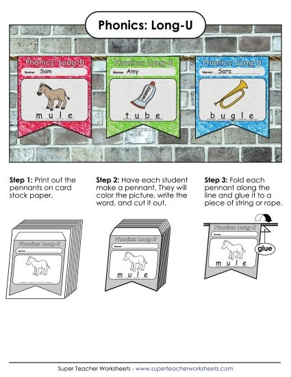 Cut and Glue Activities - Pennants (Long U Words) (Printable PDF Worksheet)