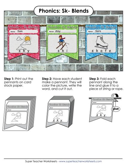 Cut and Glue Activities - Pennants (Sk- Words) (Printable PDF Worksheet)