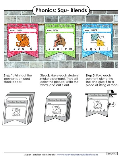 Cut-and-Glue Activities - Pennants (Squ- Words) (Printable PDF Worksheet)