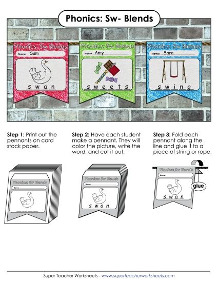 Cut and Glue Activities - Pennants (Sw- Words) (Printable PDF Worksheet)