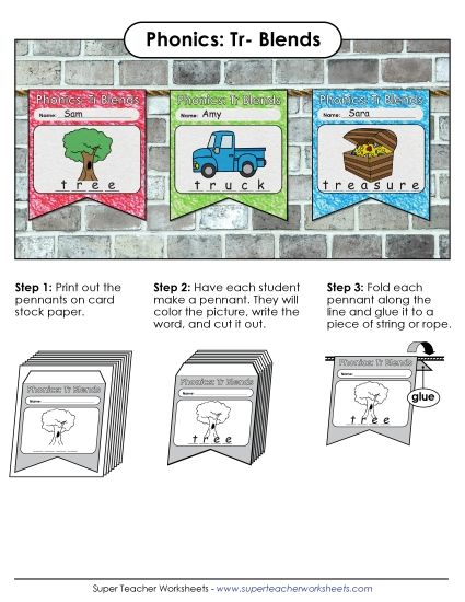 Cut and Glue Activities - Pennants (Tr- Words) (Printable PDF Worksheet)