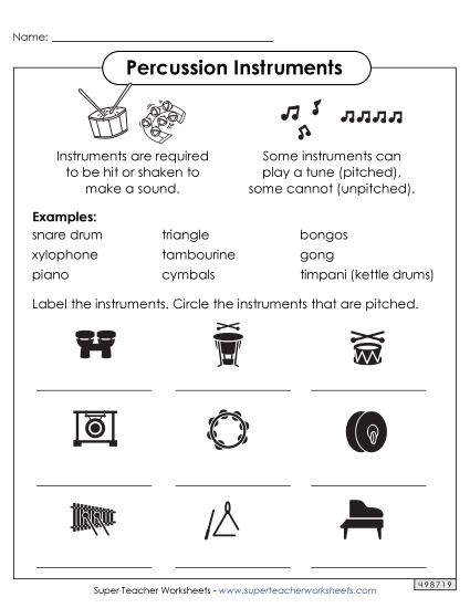Worksheets - Percussion Instruments (Printable PDF Worksheet)