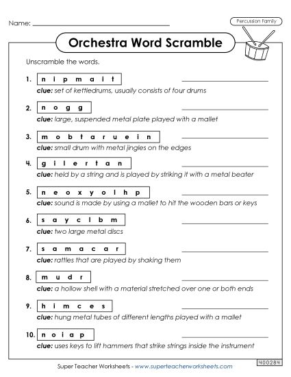 Word Puzzles - Percussion - Word Scramble (Printable PDF Worksheet)