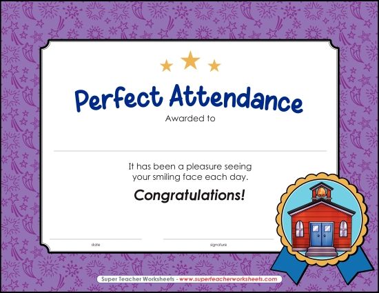 More School Awards - Perfect Attendance Award (Printable PDF Worksheet)