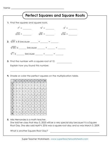 Perfect Squares and Square Roots (Printable PDF Worksheet)