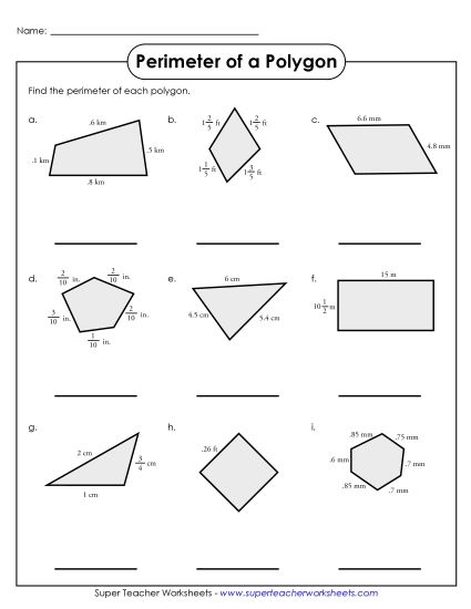 Advanced (Includes Decimals & Fractions) - Perimeter of Polygons (Advanced) (Printable PDF Worksheet)