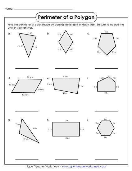 Basic (Simple Shapes & Whole Numbers) - Perimeter Polygons (Basic) (Printable PDF Worksheet)
