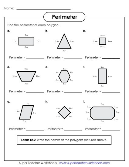 Basic (Simple Shapes & Whole Numbers) - Perimeter Polygons Worksheet (Printable PDF Worksheet)