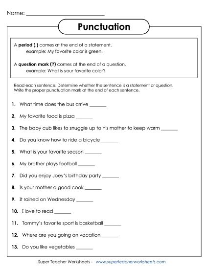 Periods, Question Marks, Exclamation Points - Periods & Question Marks (Printable PDF Worksheet)