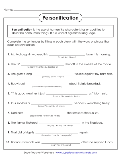 Personification - Personification Fill-in-the-Blank (Printable PDF Worksheet)