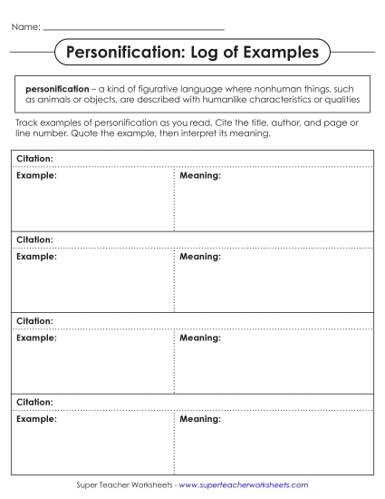 Personification - Personification: Log of Examples (Printable PDF Worksheet)