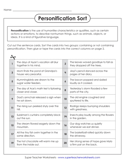 Personification - Personification Sort (Cut & Glue) (Printable PDF Worksheet)