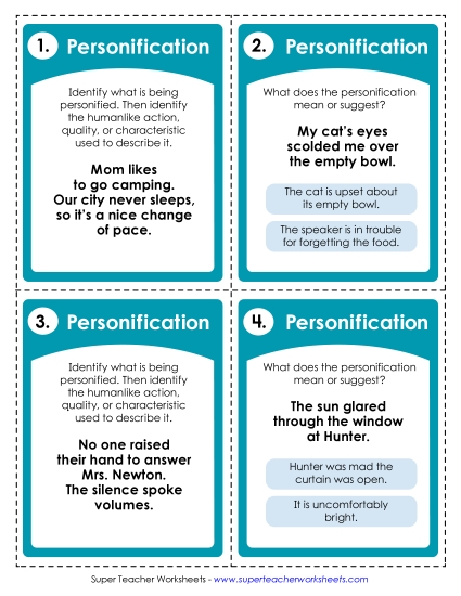 Personification - Personification Task Cards (Printable PDF Worksheet)