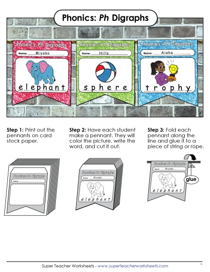 Classroom Games, Activities, and Learning Centers - Ph Digraphs Pennants (Printable PDF Worksheet)
