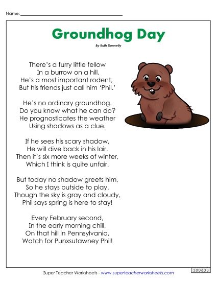Reading Comprehension - Phil the Groundhog (Poem) (Printable PDF Worksheet)