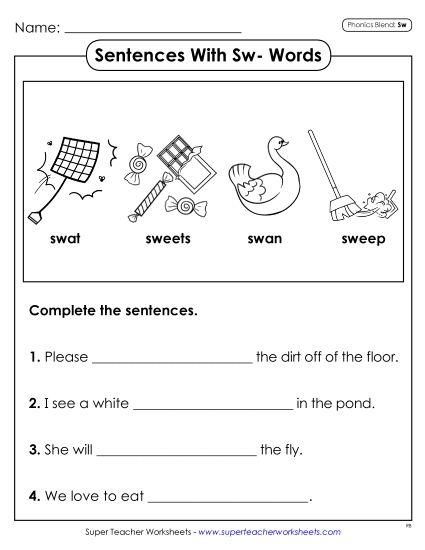 Worksheets - Phonics Blends: Sentences with SW Words (Printable PDF Worksheet)