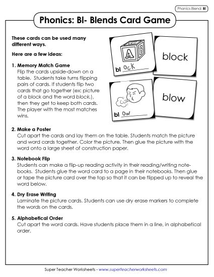 Games & Learning Centers - Phonics Card Game (Bl- Blends)  (Printable PDF Worksheet)
