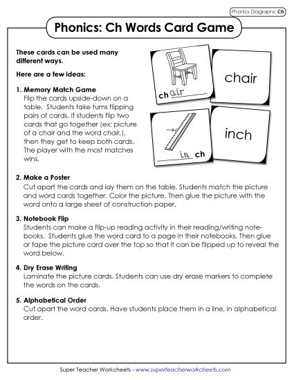 Games & Learning Centers - Phonics Card Game /ch/ (Printable PDF Worksheet)