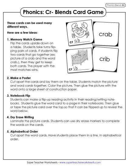Games & Learning Centers - Phonics Card Game (Cr- Words)  (Printable PDF Worksheet)