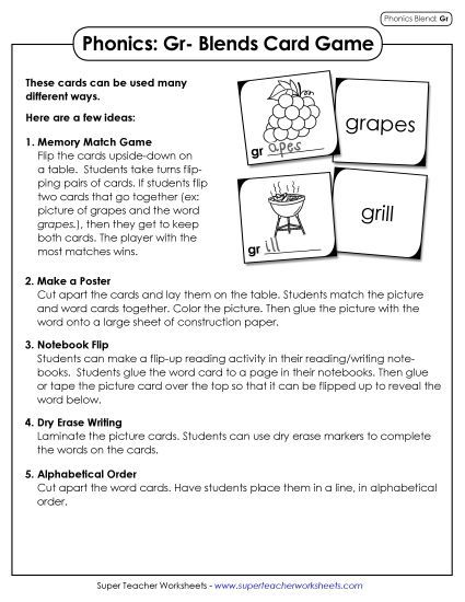 Games & Learning Centers - Phonics Card Game (Gr- Blends) (Printable PDF Worksheet)