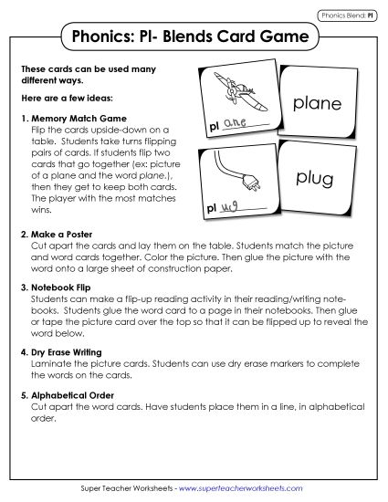 Games & Learning Centers - Phonics Card Game (Pl- Blends) (Printable PDF Worksheet)