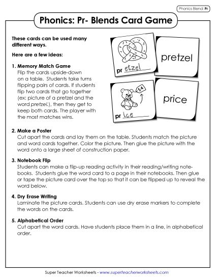 Games & Learning Centers - Phonics Card Game (Pr- Blends) (Printable PDF Worksheet)
