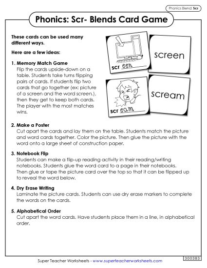 Games and Learning Centers - Phonics Card Game (Scr- Blends) (Printable PDF Worksheet)