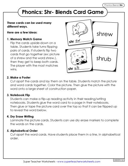 Games and Learning Centers - Phonics Card Game (Shr- Blends) (Printable PDF Worksheet)