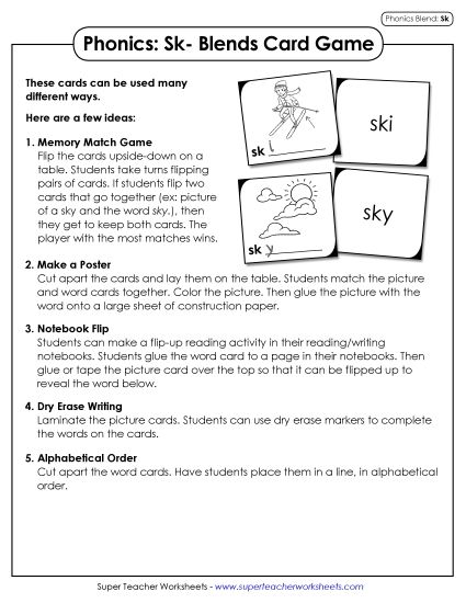 Games & Learning Activities - Phonics Card Game (Sk- Words) (Printable PDF Worksheet)